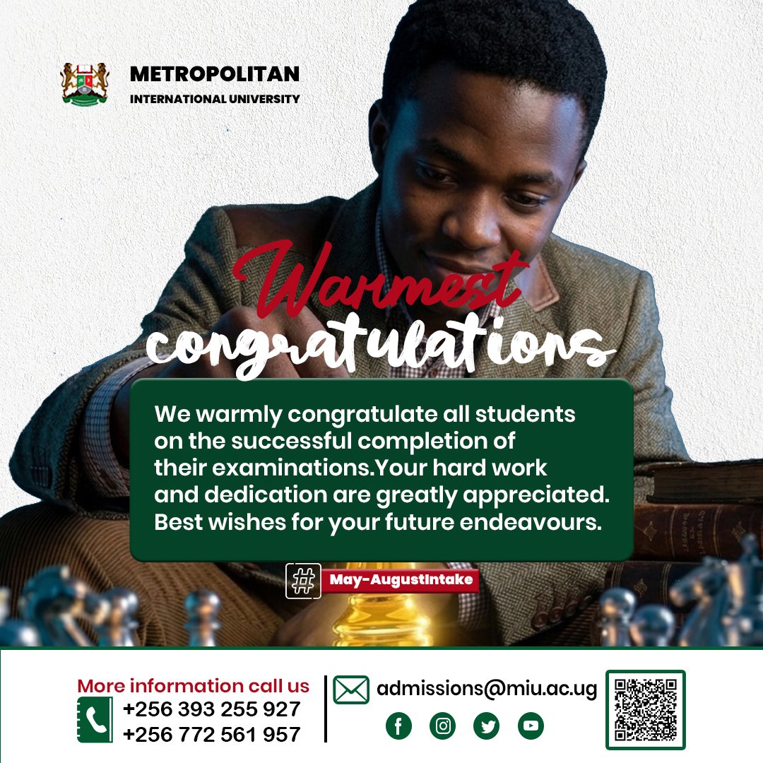 MIU_Uganda's tweet image. "Success is the sum of small efforts, repeated day in and day out."
@MIU_Uganda  warmly congratulates our students on the successful completion of their exams. Your commitment to your studies is the foundation of a bright professional future.
#Congratulations #FutureLeaders