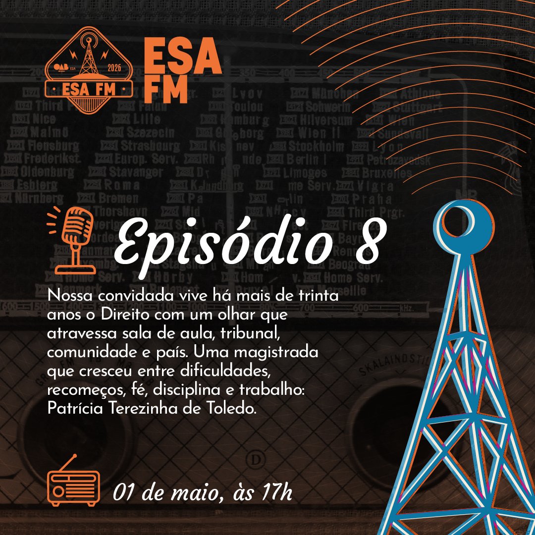 ESAOABSP's tweet photo. 🎙️No Dia do Trabalho, tem história inspiradora no ESA FM #08! ✨

Patrícia Terezinha de Toledo compartilha uma trajetória de mais de 30 anos no Direito, marcada por superação, disciplina e justiça.

💭Uma conversa inspiradora sobre carreira, propósito e impacto social.

▶️ Dê o play e inspire-se! 

🔗https://t.co/LWsGsFPPFp