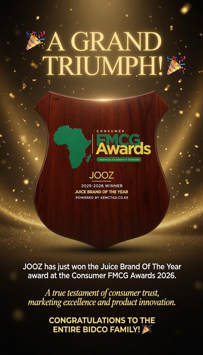 vimalafrica's tweet photo. @JoozJuice #joozitforme
@bidco_beverages @BidcoGroup

Jooz has tonight just won the Juice Brand Of The Year award at the Consumer FMCG Awards 2026. A true testament of consumer trust, marketing excellence and product innovation. Congratulations to the entire Bidco Family 🎉 https://t.co/1EzqMRqRrg
