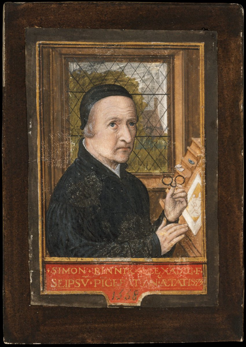 jdmccafferty's tweet image. Self-portrait, 1558 by Simon Bening Netherlandish The inscription that identifies this miniature as a self-portrait of the famous #Bruges illuminator, Simon Bening: "Simon Bennik, the son of Alexander, painted this himself at the age of 75 in 1558. (Met Museum)