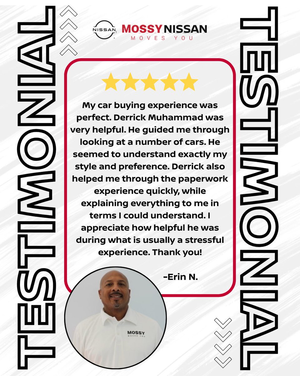 MossyNissanTX's tweet image. Real experiences matter. 🙌
Erin shared how our team made the process smooth, clear, and stress-free from start to finish.

Ready to find your next vehicle?
👉 rpb.li/4kIq
📍 12150 Katy Fwy, Houston, TX

#MossyNissan #HoustonTX #CustomerTestimonial
