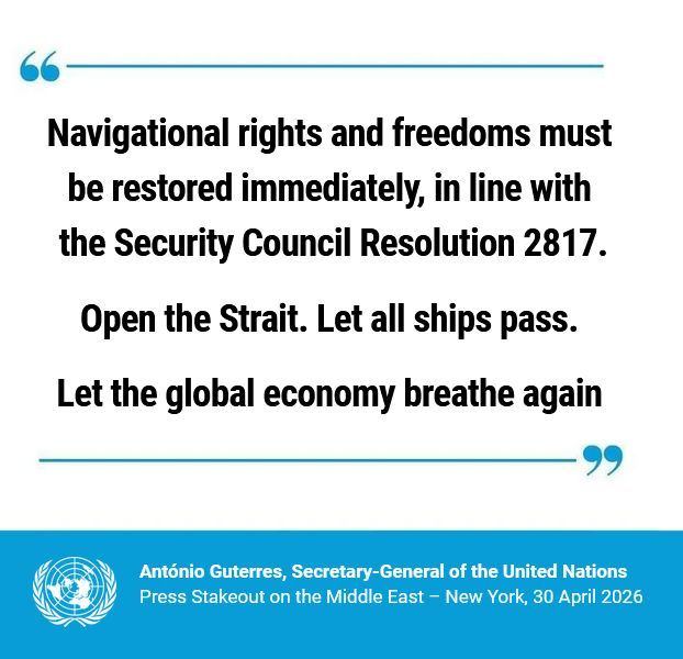 UNGeneva's tweet image. #MiddleEast:

"My message to all parties is clear: Navigational rights &amp;amp; freedoms must be restored immediately, in line with the Security Council Resolution 2817.
 
Open the Strait. Let all ships pass. Let the global economy breathe again." 

- @antonioguterres