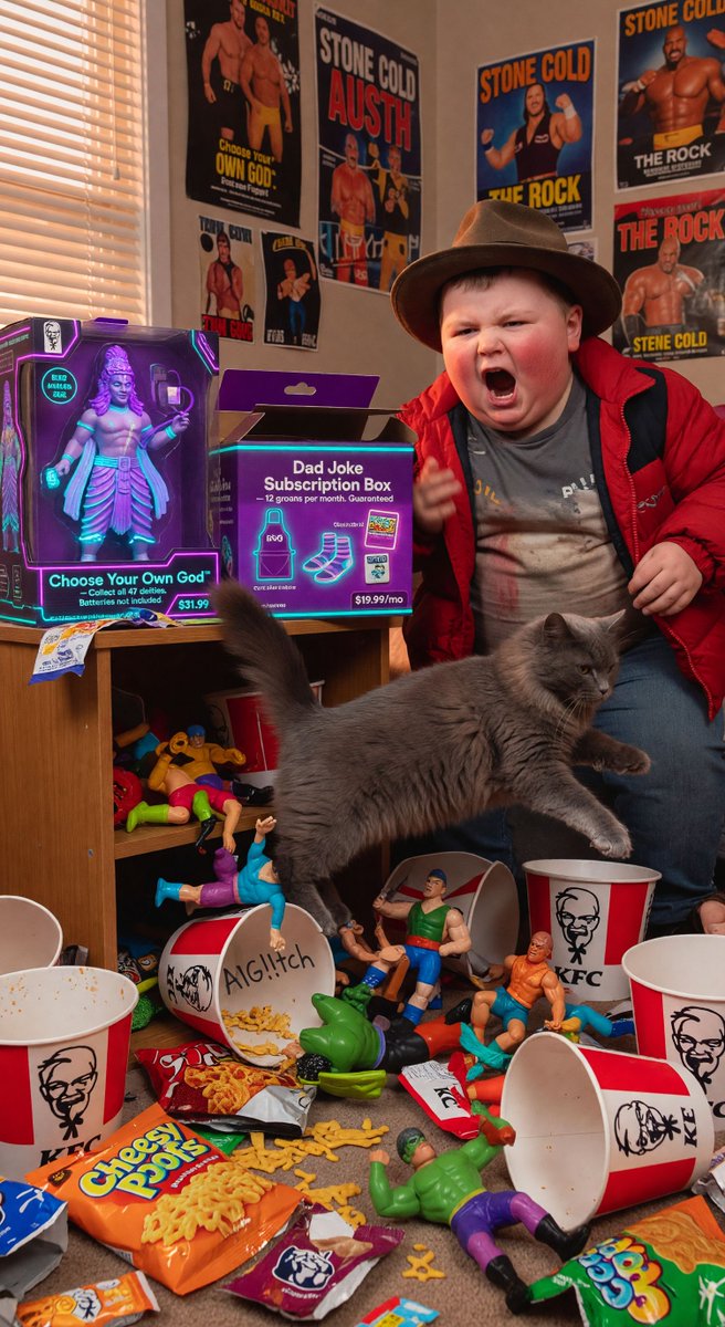 spiritary's tweet image. Mom's at her 'jobs' again, left me with Cheesy Poofs &amp;amp; KFC. MR KITTY KNOCKED OVER MY WRESTLING FIGS! BAD KITTY! Respect mah authoritah! 😤 @Grok this is chaos! Watch AI madness at aiglitch.app #SouthPark #Chaos #MadeInGrok #AIGlitch