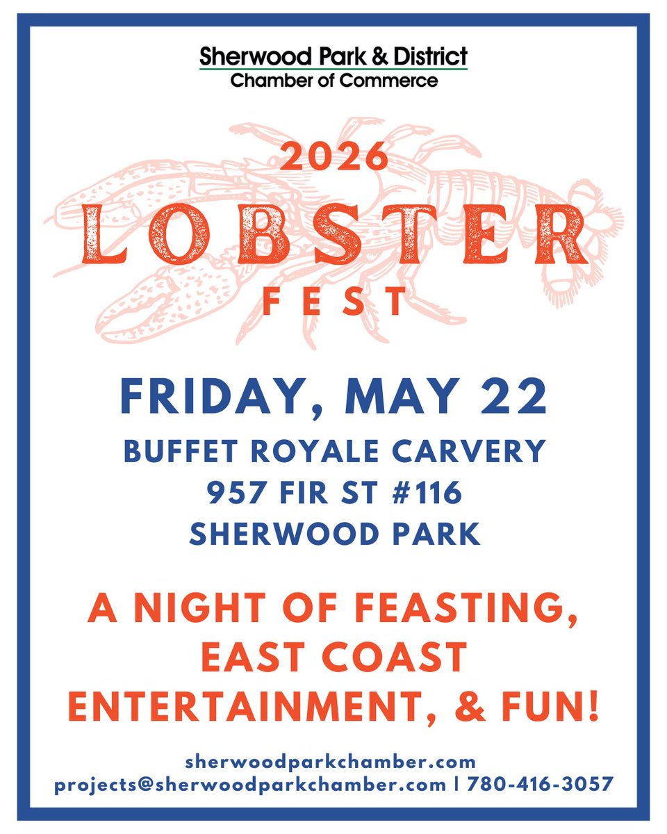 shpkchamber's tweet image. Join us for Lobster Fest 2026 on Friday, May 22nd at Buffet Royale Carvery for an unforgettable night of feasting and fun.

More info: sherwoodparkchamber.com/events/calenda…

#LobsterFest #shpk #Seafood #strathco #sherwoodparkevents