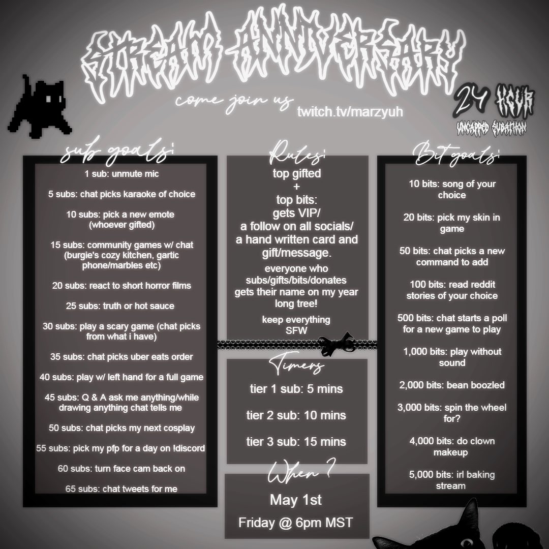 heyimmarz's tweet image. i WILL BE going live for 24+ tomorrow for my one year streaming anniversary!! It would mean the world if you showed up. Twitch.tv/marzyuh ⋆˚꩜｡ #twitch #streamer #subathon #gaming #streaminganniversary ⋆˚꩜｡