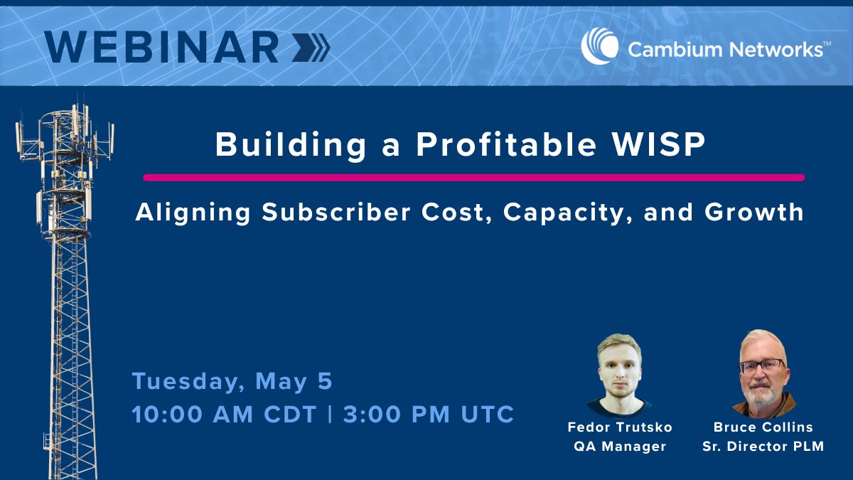 CambiumNetworks's tweet image. WISP growth = economics + performance. Learn how to optimize ARPU vs cost, transition to ePMP 4000, and scale with Force 4518 &amp;amp; 4616 without heavy CAPEX resets. 

Register now: go.cambiumnetworks.com/l/428442/2026-…

#WISP #Broadband #ROI #Networking