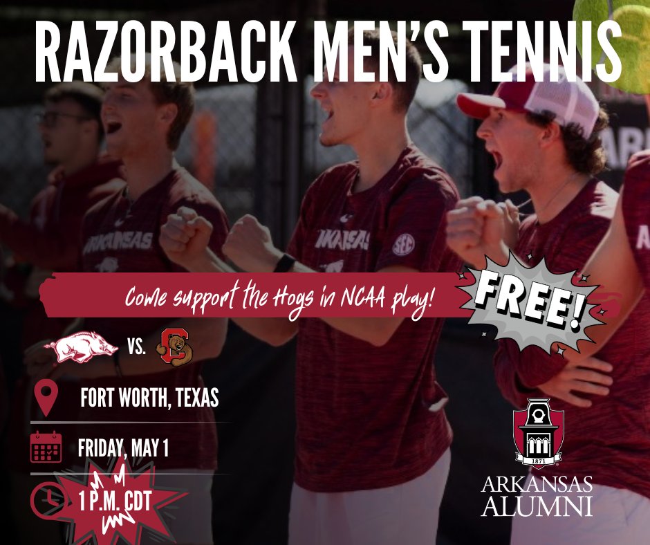 arkansasalumni's tweet image. **TIME CHANGE** Razorback Men’s Tennis is in Fort Worth and ready to compete in the NCAA Tournament.

Come out and support the Hogs as they take on Cornell.

Friday, May 1
1 p.m. CDT
Fort Worth, Texas

Free admission, so if you’re in the area, come show the team some love.

#WPS.