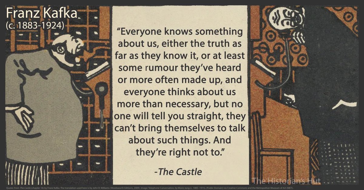 HistoriansHut's tweet image. A quote from Franz Kafka (c. 1883-1924) about gossip, rumor, and surveillance. 

See the quote and source info here: thehistorianshut.com/2026/04/29/fra…

#history #quotes