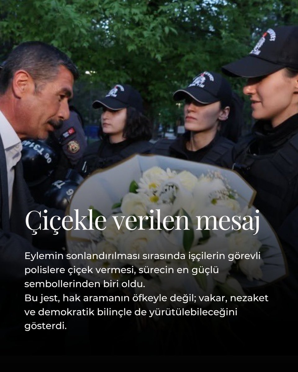 TurkDemokrasiV's tweet photo. Alın teriyle, sabırla, demokrasiyle…

Maden işçilerinin son dönemdeki hak arama süreci, bize güçlü bir şeyi hatırlattı:

Demokrasi yalnızca sandık değildir.
Demokrasi; hakkını arayan yurttaşın sesinin duyulması, emeğin görünür olması ve barışçıl müzakere kanallarının açık kalmasıdır.

İşçilerin süreci çiçek vererek sonlandırması ise bu mücadelenin en anlamlı sembollerinden biri oldu.

Hak aramak öfkeyle değil; vakar, nezaket ve demokratik bilinçle de mümkündür.

1 Mayıs Emek ve Dayanışma Günü kutlu olsun.

#1Mayıs #EmekVeDayanışmaGünü #Demokrasi #HakArama #Emek #TürkDemokrasiVakfı