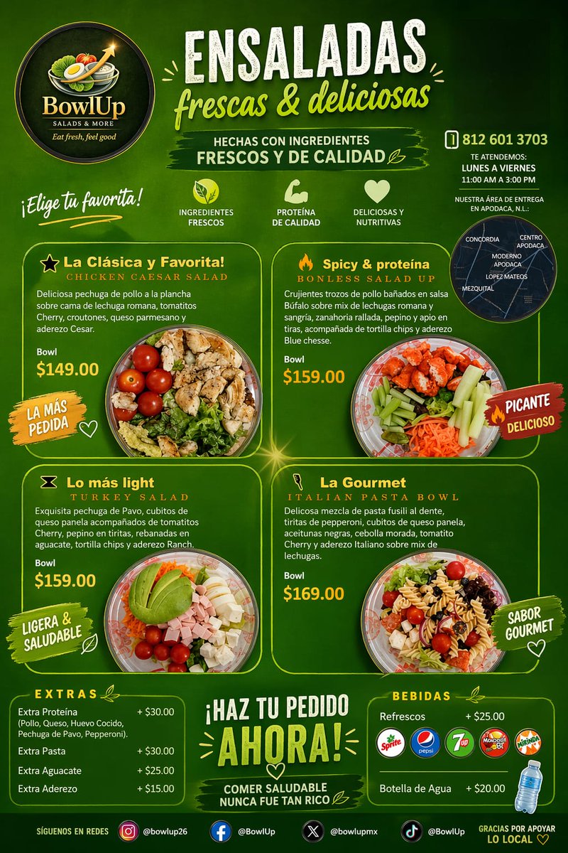 Bowlup26's tweet photo. ¡Tu cuerpo pide algo ligero, rico y saludable!🥗 Ensaladas recién preparadas🥒Deliciosas, llenadoras y súper frescas📲 Haz tu pedido WA 🚗 Entrega a domicilio  y disfruta sin culpa  8126013703 #apodaca #adomicilio #ensaladas https://t.co/m6eSzXMFJf
