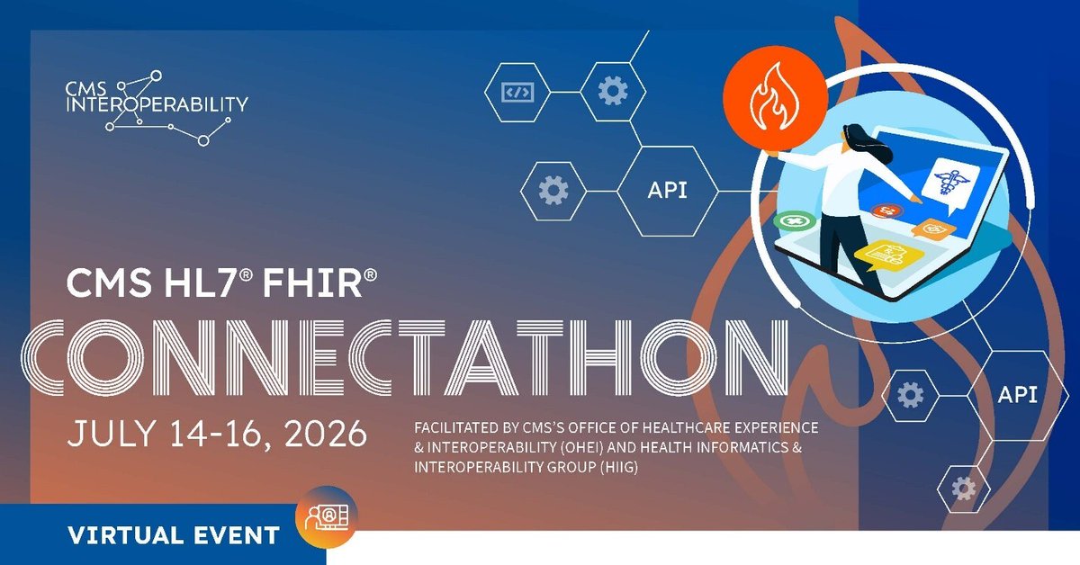 HL7's tweet image. 🚨 Registration is OPEN!

Join the FREE @CMSGov + #HL7 #FHIR Connectathon
📅 July 14–16, 2026

Test real-world use cases &amp;amp; collaborate with CMS, ONC &amp;amp; industry leaders.

👉 Register: hubs.ly/Q04f45sJ0

#HealthIT #Interoperability #CMS #ONC