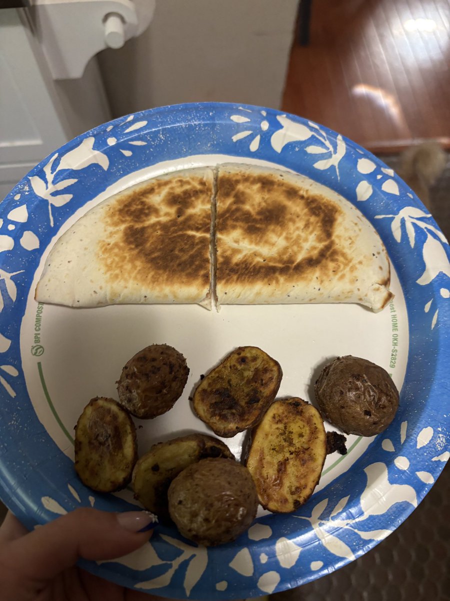 ninayogurtluver's tweet image. chicken quesadilla and roasted potatoes for dinner + some sour cream and hot sauce this was #delish