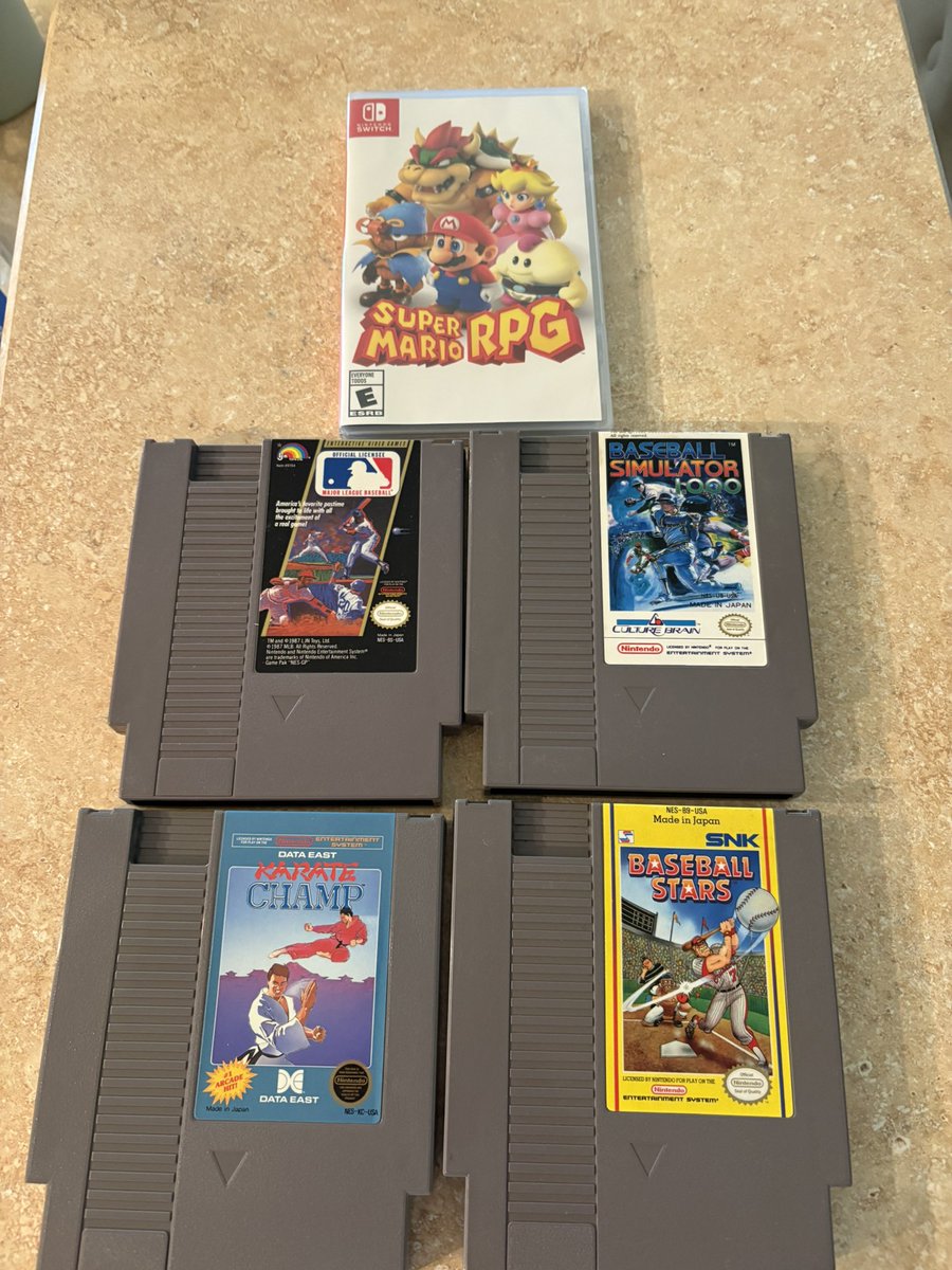 Jplaysnintendo's tweet image. Today’s mail has arrived and an extra edition showed up 

We got Super Mario RPG on switch. And 4 NES games. Baseball stars, baseball simulator 100 and mlb baseball and a day early arrival Karate Champ 

#NES #retrogaming #nintendo #physicalcollector