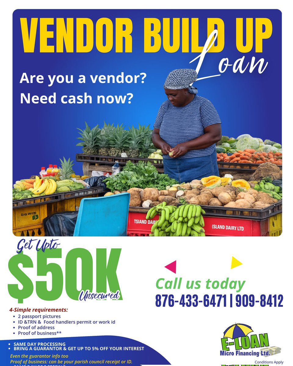 e_loan876's tweet image. Are you a vendor and need cash to build or restock your business? 📦💰

With our Vendor Build-Up Loan, you can get up to $50,000 unsecured with simple requirements and same-day processing available.

#ELoanMFLimited #VendorLoan #SmallBusinessSupport #JamaicaVendors