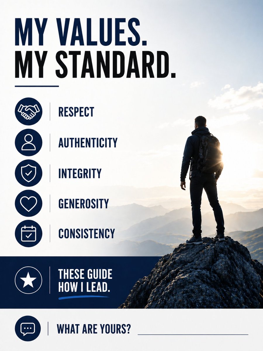 AlanSteinJr's tweet photo. Your core values aren’t what you say— they’re what you show.

Here are mine:
1. Respect – Every person matters. Every voice counts.
2. Authenticity – Be real. Be you. Always.
3. Integrity – Do what’s right, especially when it’s hard.
4. Generosity – Give more than you take.
5. Consistency – Greatness lives in your daily habits.

These aren’t just words—they’re non-negotiables.

They guide how I lead, serve, and show up every day.

What are your core values? And more importantly... how do you live them?