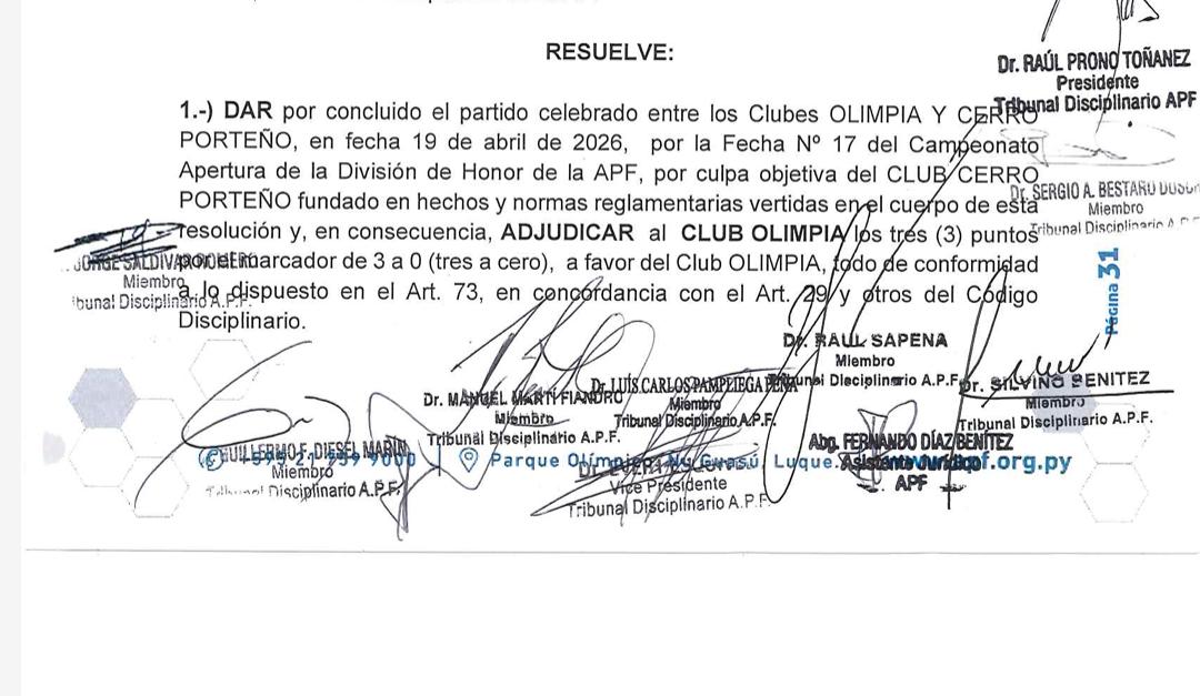 URGENTE: El Tribunal Disciplinario de la APF decidió otorgar los 3 puntos a #Olimpia por lo acontecido en el superclásico (3-0).

<a href="/rockandpop955/">Rock&Pop Paraguay</a>
<a href="/nanduti/">Radio Ñandutí</a>
#LaGranJugada