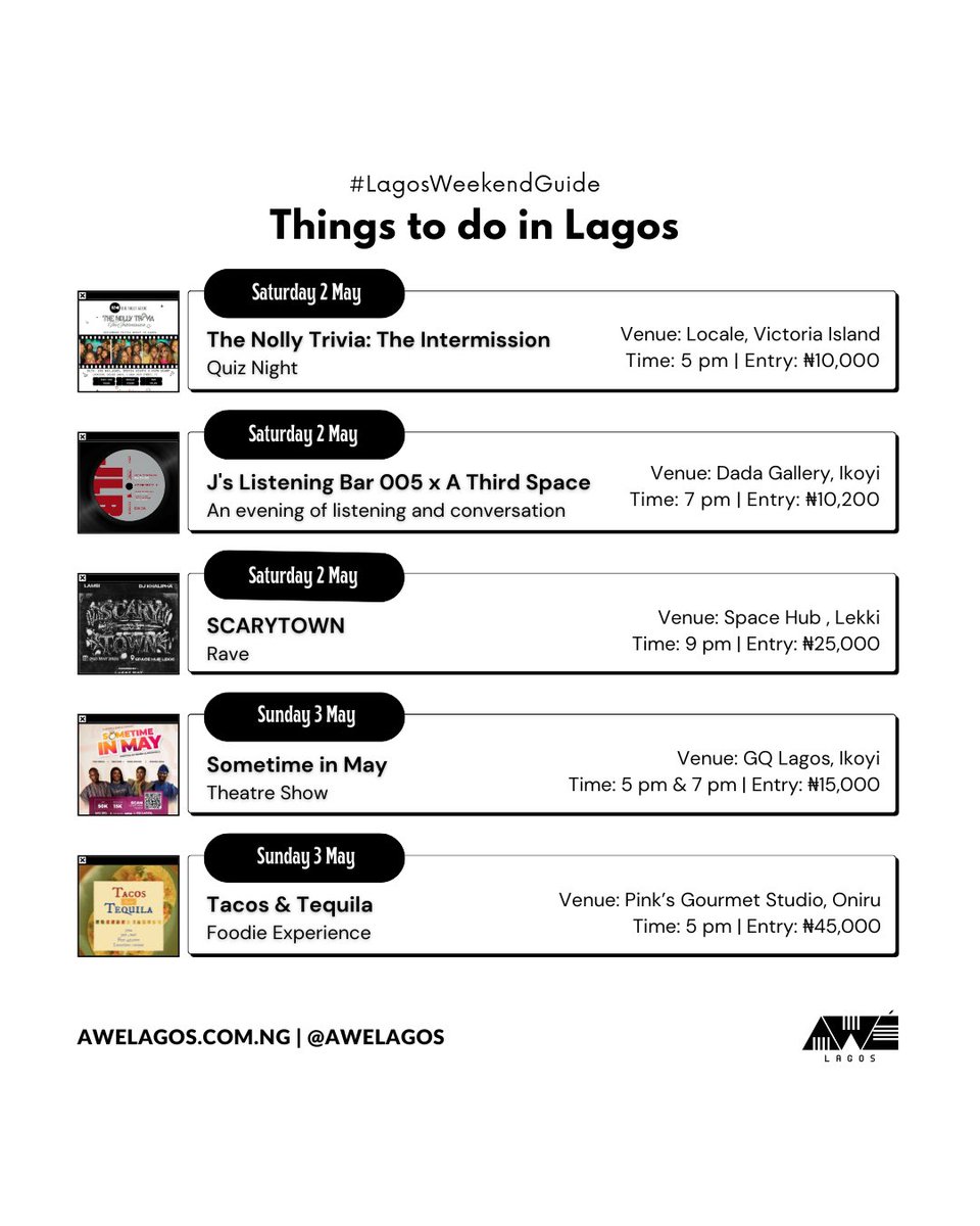 AweLagos's tweet photo. It’s a long weekend and  your Lagos Weekend Guide (May 1–3) is here ✨

From food festivals and exhibitions to theatre, live music, film screenings, and raves — here’s a curated list of the best things to do in Lagos this weekend.

#LagosWeekendGuide https://t.co/gteaHXCE2K