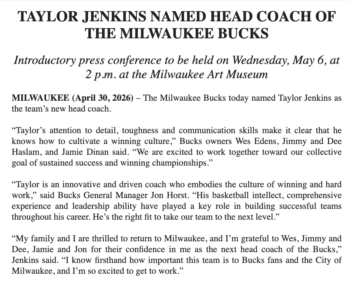 The Bucks have made the hiring of Taylor Jenkins official. The ...