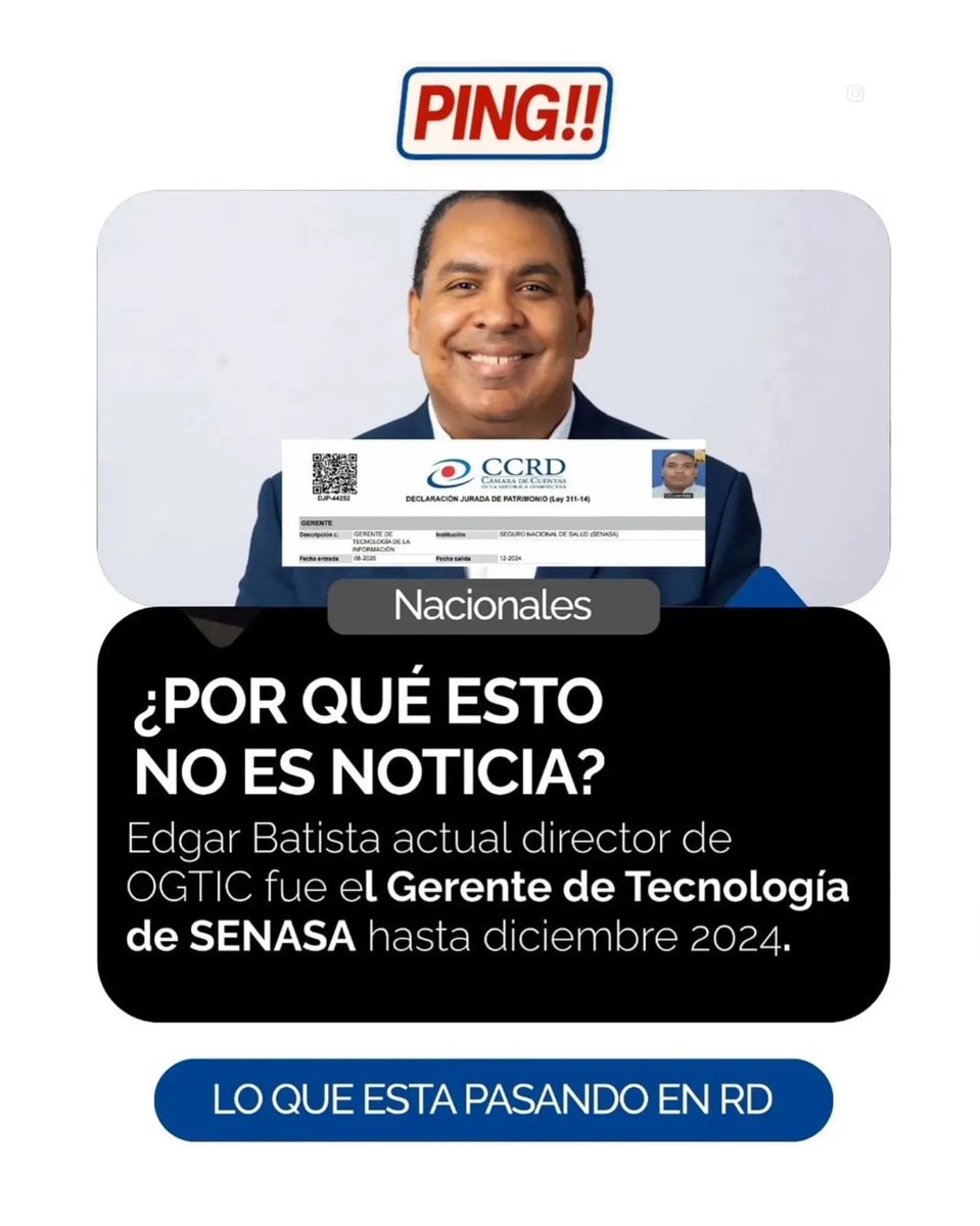 Actual director de <a href="/OGTICRDO/">OGTIC</a> fue el director de tecnología en SENANA en la gestión de Santiago Hazim junto a la actual encargada de TIC de <a href="/SISALRILRD/">SISALRILRD</a> Luz Félix (<a href="/lucecitafelix/">Luz Felix</a>)