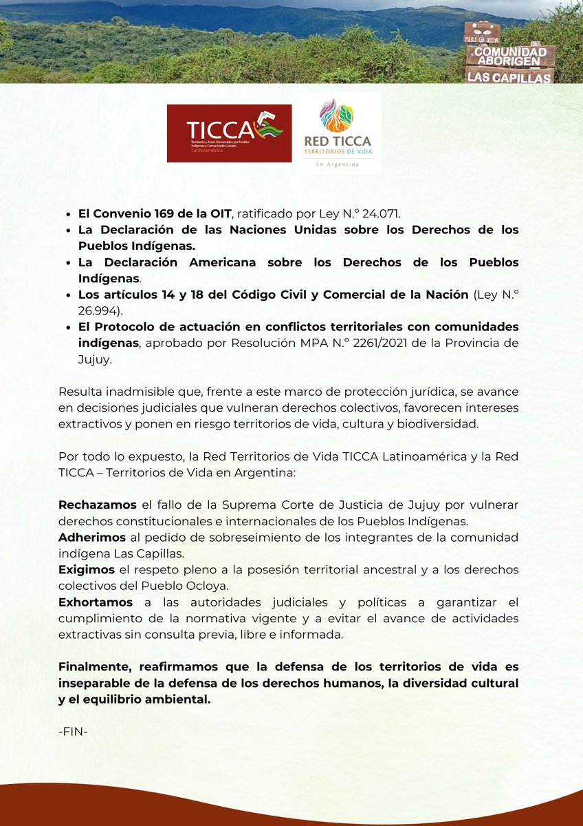 RedTiccaLA's tweet photo. #Argentina
🚨La Comunidad Indígena Las Capillas perteneciente al Pueblo Ocloya tiene el apoyo de los territorios de vida de Argentina y América Latina.
Lea y comparta este pronunciamiento.
#TerritoriosDeVida
#ticcalatinoamérica
#lascapillas
#Ocloya https://t.co/BgelPgVhF5