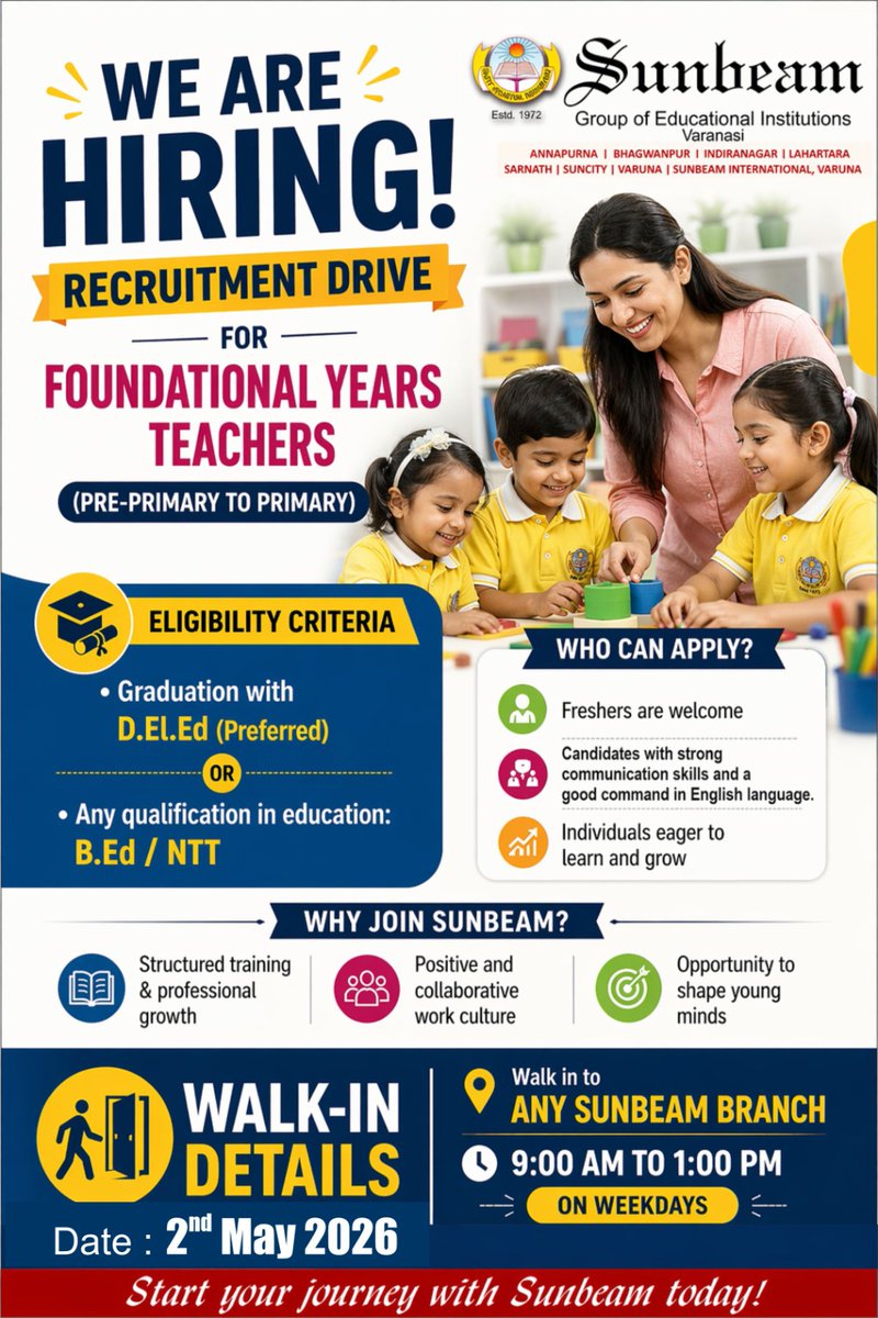 SunbeamBhagwan1's tweet image. Some careers build resumes.
Others build lives.
Join Sunbeam and become the reason a child believes in tomorrow. 
#WeAreHiring #TeachingCareers #SunbeamGroupOfEducationalInstitutions #SunbeamBhagwanpur #SunbeamExcellence #Number1CBSESchoolOfVaranasi