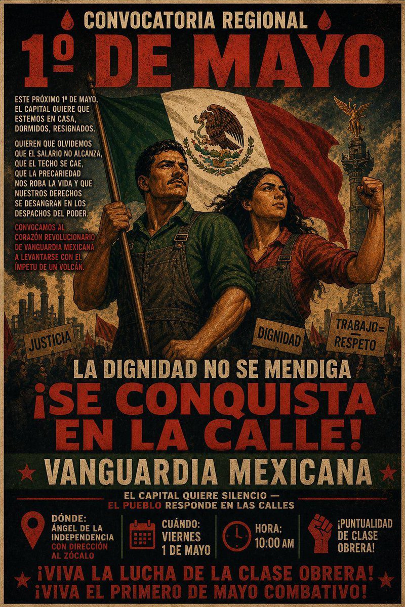 🩸 CONVOCATORIA REGIONAL 1º DE MAYO 🩸

Este proximo 1° de mayo, el capital quiere que estemos en casa, dormidos, resignados. Quieren que olvidemos que el salario no alcanza, que el techo se cae, que la precariedad nos roba la vida y que nuestros derechos se desangran en los