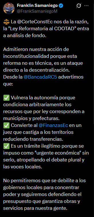 AntisanaNews's tweet image. 🧿La Corte Constitucional aceptó a trámite la acción de inconstitucionalidad presentada por la Bancada de la RC contra las reformas al #COOTAD, así lo anunció el asambleísta Franklin Samaniego. La Corte no concedió la suspensión provisional de la ley

#URGENTE⚡️#Ecuador