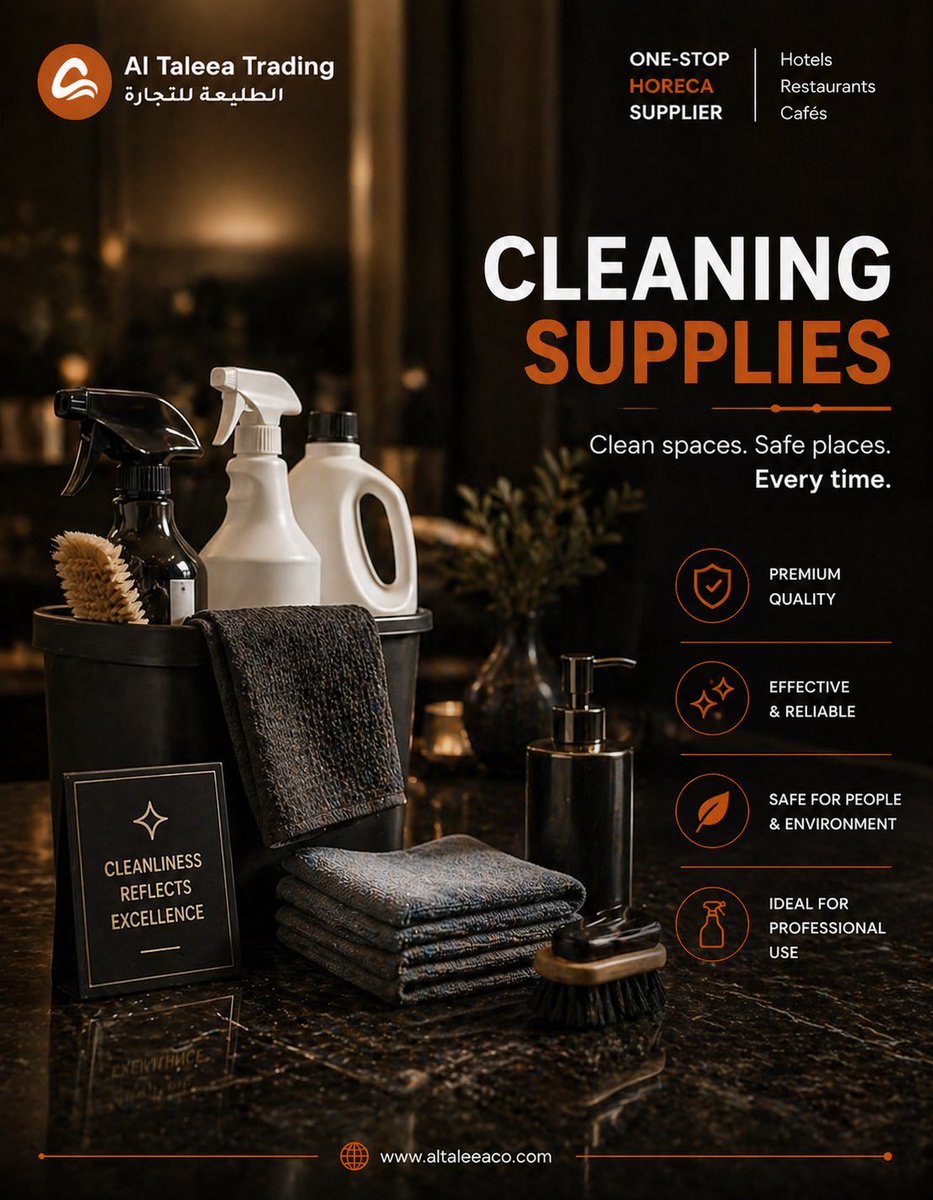 AlTaleeaTrading's tweet photo. Clean spaces create lasting impressions. ✨

Introducing our Cleaning Supplies range — professional-grade essentials designed to maintain hygiene, safety, and spotless standards across hotels, restaurants, cafés, and commercial spaces.

🌐 https://t.co/5M0bnZ3juu https://t.co/DkBw1uEFak