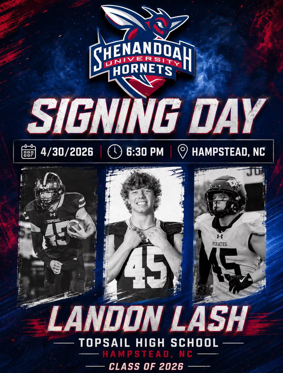 LandonLash45's tweet image. ✍🏻 SIGNED

@SUhornetsFB @SUHornets @ths_pirates @TopsailAthletes #NoQuarter🏴‍☠️ #Defend #GoSUHornets