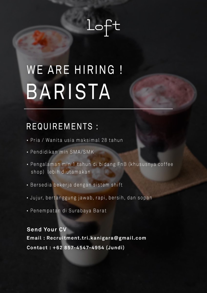 setobeli__'s tweet photo. Tempat kerjaku lagi expand dan open loker Surabaya untuk posisi full time Barista, Server, dan Bakery Helper untuk area Surabaya Barat yaaa, boleh DM kalau tertarik 🫶🏻 https://t.co/0kuyPLEzX5