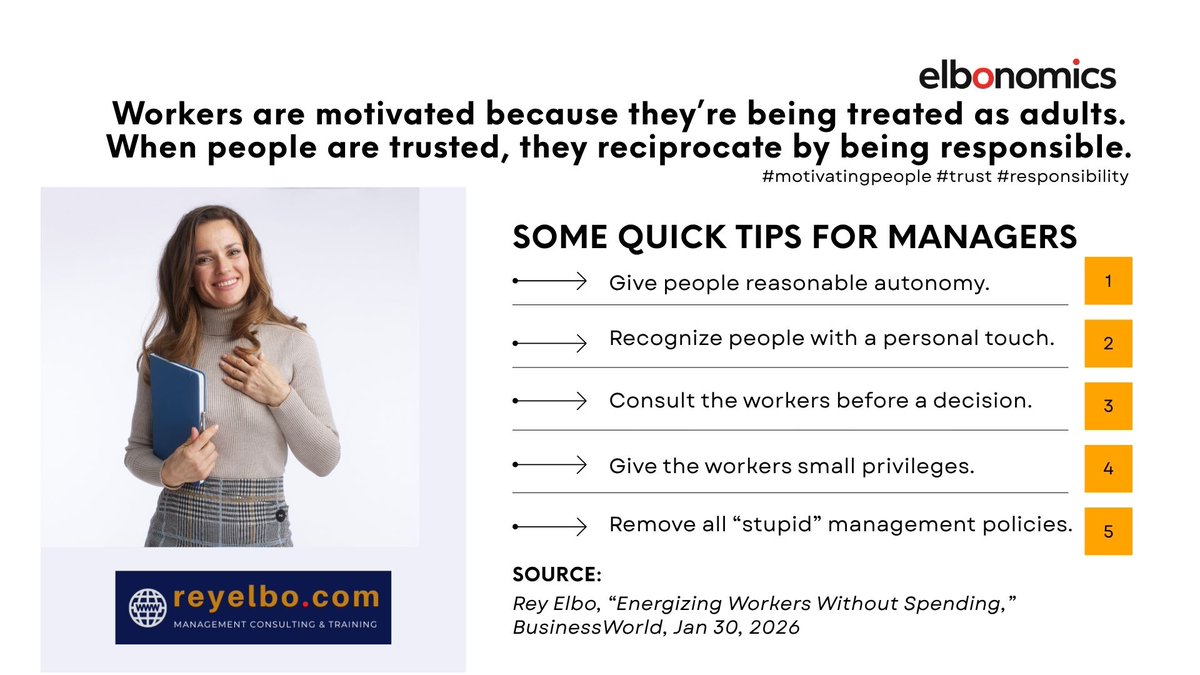 Rey_Elbo's tweet image. #ELBONOMICS May 1, 2026 #FabulousFriday
One key ingredient in #motivating people is to treat them like adult human beings. #trust #responsibility #empowerment