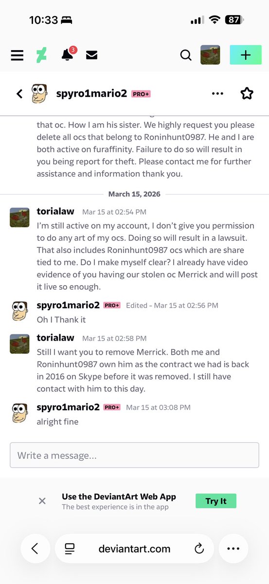 PTailsa's tweet photo. @DeviantArt Either you ban this user for art theft or face a fucking lawsuit. Me and Roninhunt0987 own this oc and this was stolen. https://t.co/d1jIbLEwAm