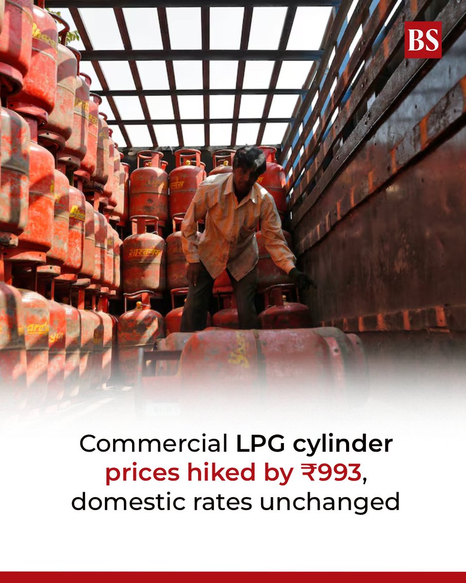 bsindia's tweet image. The price of a 19 kg commercial #LPG cylinder has been raised by ₹993 with effect from May 1, marking a significant increase in cooking fuel costs for businesses.

mybs.in/2g65Gfr