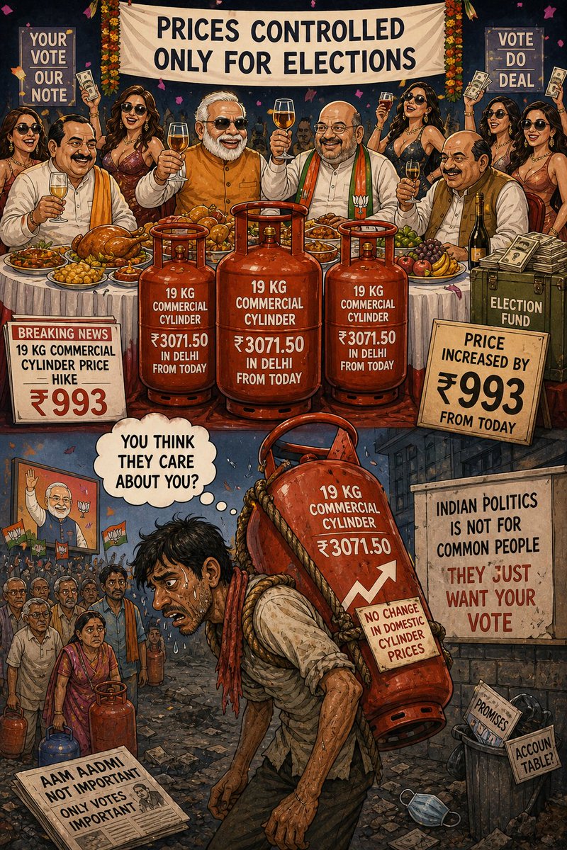 QuantumSadhu's tweet image. Prices of 19 KG Commercial cylinder has been increased by Rs 993 from today. A 19 Kg cylinder will cost Rs 3071.50 in Delhi from today. No change in domestic cylinder prices

#LPG #WestBengalLegislativeAssemblyelection2026