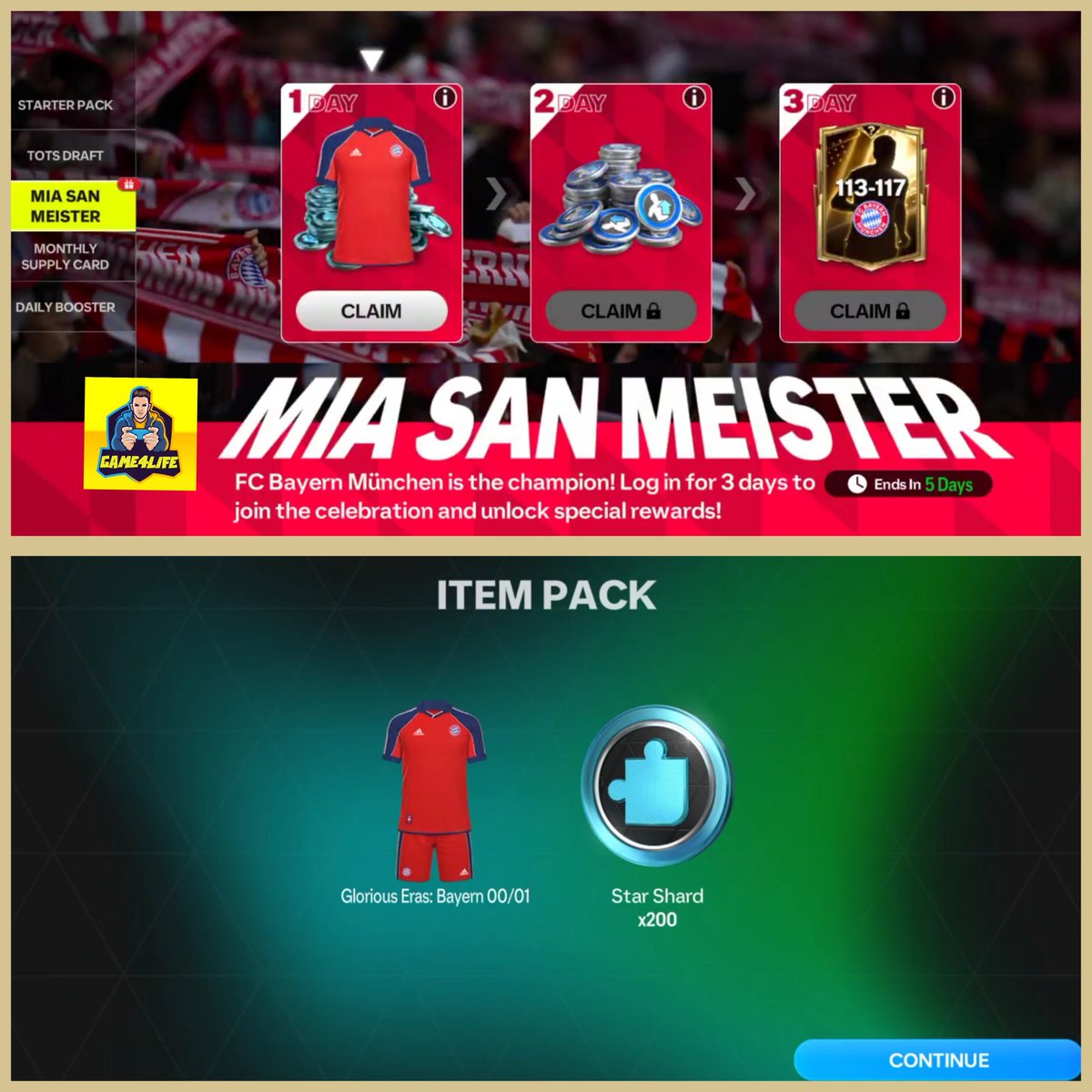 Gaming4Life1818's tweet image. New Free Bayern Munich Gift Rewards 

Day 1 :- 200 Shards &amp;amp; Kit

#fcmobile #gift