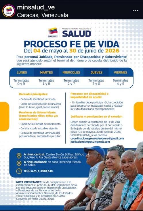 plcdelmedionews's tweet image. #ENTÉRATE | 🗣️El Ministerio de Salud anunció el inicio del operativo de Fe de Vida para jubilados, pensionados y personas con discapacidad, el cual se llevará a cabo desde el 4 de mayo hasta el 30 de junio.

A través de sus canales oficiales, el organismo informó que la atención