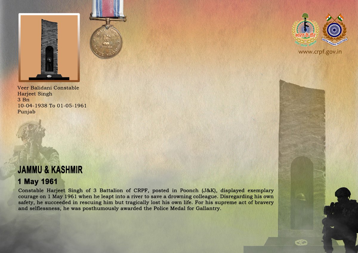 crpfindia's tweet image. DG and all Ranks of #CRPF pay solemn tribute to Ct/GD Harjeet Singh of 3 Bn, who made the supreme sacrifice while trying to save  his drowning colleague in Poonch, J&amp;amp;K on 1 May 1961. #CRPF salutes the braveheart and pledges never to let his sacrifice go in vain.

#LestWeForget