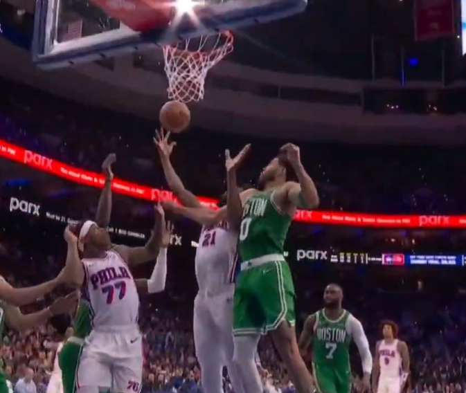 ja7051's tweet photo. @BrickCenter_ he tried to cross his body and Embid grabbed the rebound locking him in lol 

thats a foul on JT https://t.co/X71omSjYo3