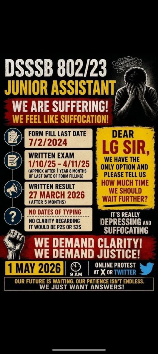 Sagar12082001's tweet photo. @dsssbofficial @gupta_rekha Our youth, our future, our time—all lost in the bureaucratic labyrinth of DSSSB 802/23. 2.5 years is not a 'process,' it’s a denial of opportunity. LG Sir, we need your urgent intervention for our Typing Test dates.
@LtGovDelhi
#releasedass4typingdate https://t.co/OKUdpfyenZ