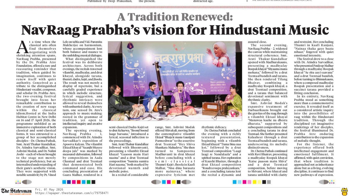 🙏
review...
*''NavRaag Prabha''*
*'programme featuring Classical &amp; Semi-Classical raagas created by Dr. Prabha Atre'*👇