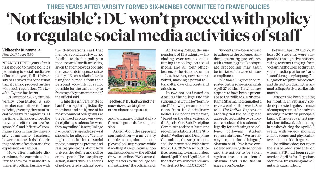 D_U_Teachers's tweet image. #DU #DelhiUniversity 

Indian Express, 01/05/2026