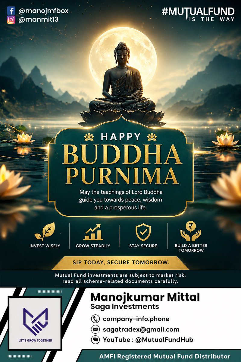 manmit13's tweet image. Wishing you peace ✨ and clarity this Buddha Purnima. May Buddha’s wisdom inspire mindful investing 🧘‍♂️ and steady growth 📈 on your financial journey. #sip #mutualfunds #buddhapurnima #festival2026 #mfd