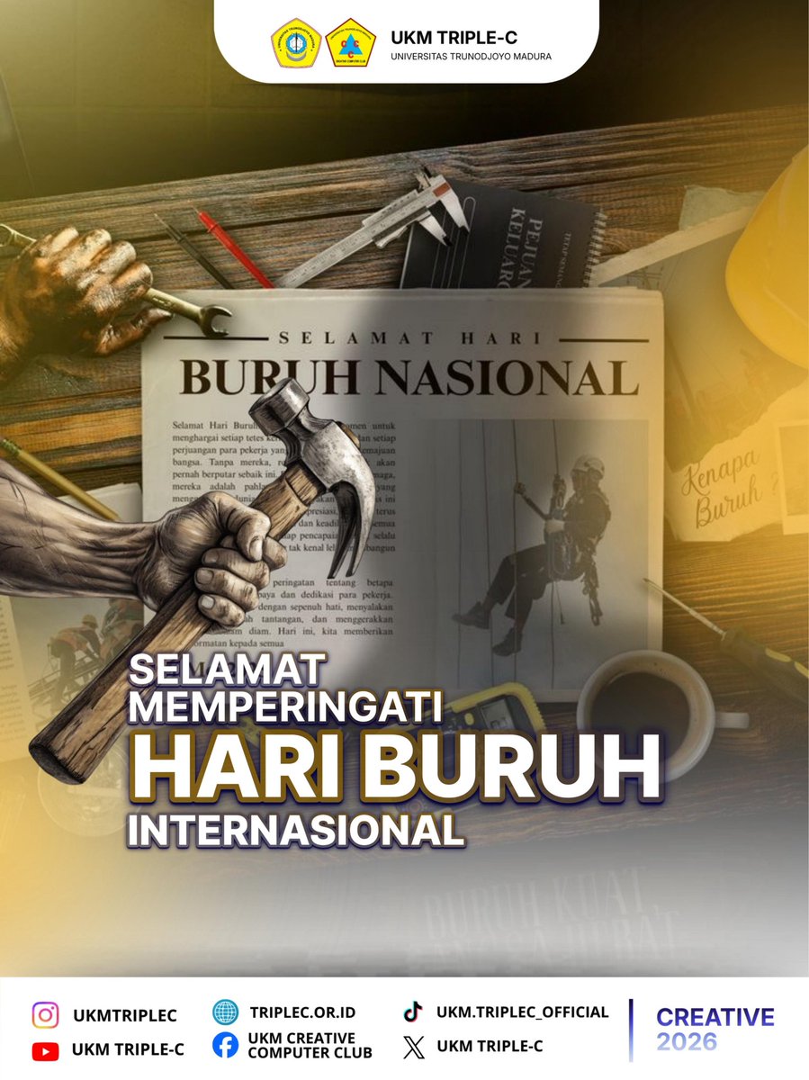 ukmtriplec1's tweet photo. [HARI BURUH INTERNASIONAL]

Keluarga besar UKM Triple-C mengucapkan Selamat Memperingati Hari Buruh

"Kerja keras bukan hanya tentang mencari nafkah, tetapi tentang membangun masa depan."

Salam Creative!! ✊
Semangat Creative!!✊

#SemangatBerkarya
#Creative26
#UKMTRIPLEC https://t.co/bH649OSi5D