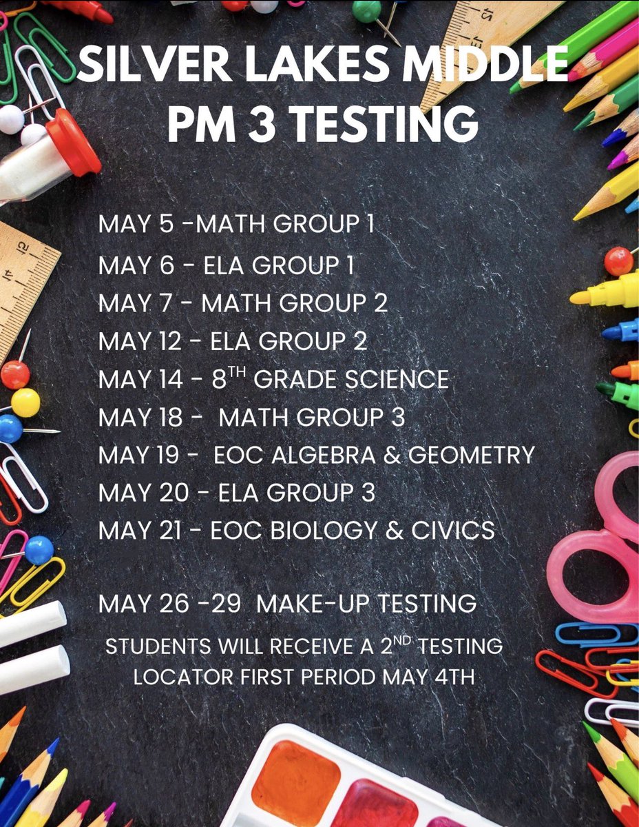 SLMSDolphins's tweet photo. Testing Season Is Upon Us! SAVE THE DATES! https://t.co/PQ2o3jiSTF