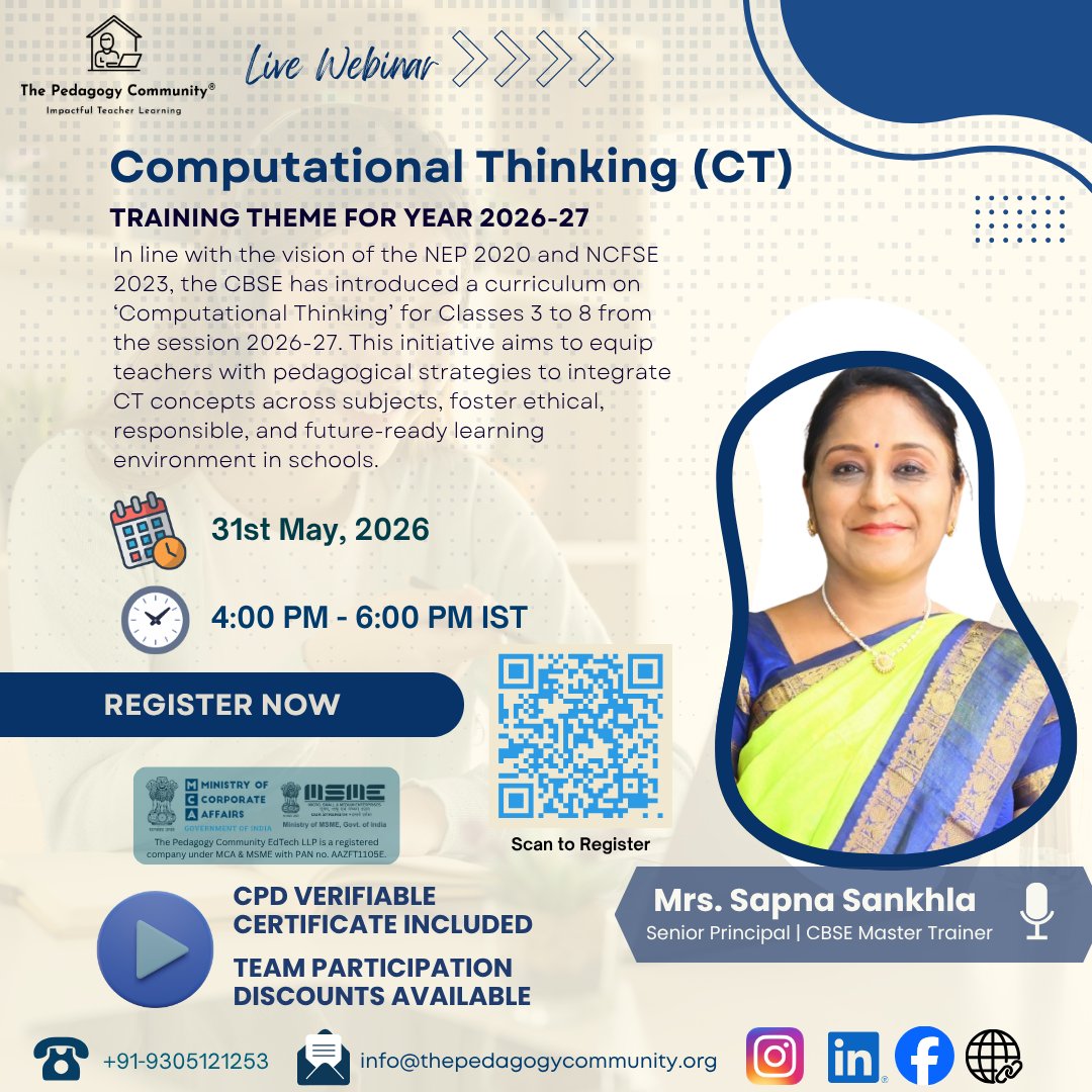 TPC_Team's tweet image. Book your slot - lnkd.in/gM58qf48
🚨From chalkboard to coding mindset — upgrade your teaching with Computational Thinking!

👉 Don’t miss this opportunity to stay ahead as an educator. 📲 Scan the QR code &amp;amp; secure your seat now!

#teachers