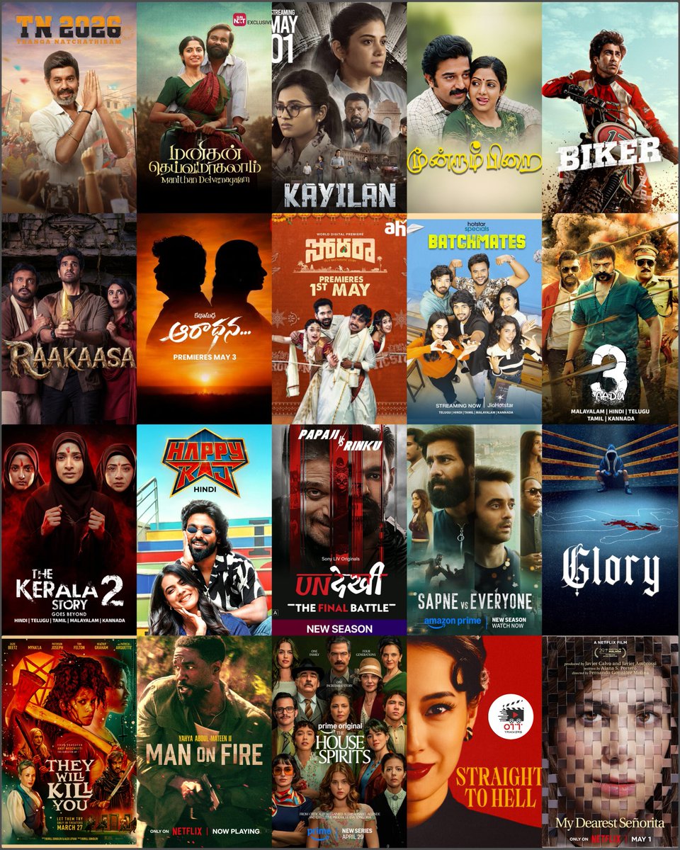 OTT_Trackers's tweet photo. 𝐓𝐡𝐢𝐬 𝐖𝐞𝐞𝐤 𝐎𝐓𝐓 𝐑𝐞𝐥𝐞𝐚𝐬𝐞 🤩🍿

𝐓𝐚𝐦𝐢𝐥  
#TN2026 (Tamil) - PrimeVideo, ShortFlix, SimplySouth, AhaTamil & SimplySouth

#ManithanDeivamagalam (Tamil) - Sunnxt

#Kayilan (Tamil) - SimplySouth

#MoondramPirai - 1982 (Tamil) Remastered Version - PrimeVideo

𝐓𝐞𝐥𝐮𝐠𝐮 
#Biker 🏍️(Telugu, Tamil, Kannada, Malayalam, Hindi) - Netflix

#Raakaasa (Telugu, Tamil, Kannada, Malayalam) 👻 - Netflix

#BatchMates (Telugu, Tamil, Kannada, Malayalam, Hindi) [Weekly Series] - JioHotstar

#SoulTrip Episode 2 (Telugu) - ETvWin
 
#Sodhara (Telugu) - AhaVideo

#Aaradhana (Telugu) - ETvWin

#SeetharamSitralu (Telugu, Tamil) - AhaVideo 

𝐌𝐚𝐥𝐚𝐲𝐚𝐥𝐚𝐦 
#Aadu3 (Malayalam, Tamil, Telugu, Kannada, Hindi) - Zee5
 
𝐇𝐢𝐧𝐝𝐢 
#SapneVsEveryone : Season 2 (Hindi) [Series] - PrimeVideo

#Glory (Hindi) [Series] - Netflix

#TheKeralaStory2 (Hindi, Tamil, Telugu, Kannada, Malayalam) - Zee5

#Undekhi: The Final Battle (Hindi) - SonyLiv

#HappyRaj (Hindi Version) - PrimeVideo 

𝐄𝐧𝐠𝐥𝐢𝐬𝐡 
#ManOnFire (English, Tamil, Telugu, Hindi) [Series] - Netflix

#MiraculousWorld : Paris, Tales of Shadybug and Claw Noir (English) - Netflix

#TheyWillKillYou (English) - PrimeVideo Rent 

Didn’t Die (English) - PrimeVideo Rent

#Exit8 (Chinese, English) - PrimeVideo Rent

#ForbiddenFruits (English) - Shudder

#Hoppers (English) - PrimeVideo Rent

#AMagnificentLife (English) - PrimeVideo Rent

#Odyssey (English) - PrimeVideo Rent
 
#SheDances (English) - PrimeVideo Rent

#TheStepDaddy (English) - PrimeVideo Rent

#TheyWillKillYou (English) - PrimeVideo Rent

#TheHouseOfSpirits (English, Hindi) [Series] - PrimeVideo 

#ShouldIMarryAMurderer (English, Tamil, Telugu, Hindi) [Series] - Netflix

 #Swapped (English, Tamil, Telugu, Hindi) - Netflix

#BeybladeX : Season 2 (English) - Netflix

#MyFavoriteWedding (English) - Netflix
 
#SonInLaw (Spanish, English) - Netflix
 
#YouAlways (English) - Netflix

#Booba : Season 6 (English) - Netflix
 
#WutheringHeights (English) - HBO Max

You’re Dating a Narcissist! (English) - PrimeVideo Rent
 
#HallowRoad (English) - Hulu

#PartTimeWife (English) [Series] - Netflix 

#Clika (English) - Netflix

𝐎𝐭𝐡𝐞𝐫 𝐋𝐚𝐧𝐠𝐮𝐚𝐠𝐞𝐬
#MyDearestSeñorita (Spanish, English, Tamil, Telugu, Hindi) - Netflix

#StraightToHell (Japanese, English) [Series] - Netflix

#Envious : Season 4 (Spanish, English) [Series] - Netflix 

Je m'appelle Agneta (Swedish, English) - Netflix 

#BuenCamino (Italian, English) - Netflix 

#OTT_Trackers