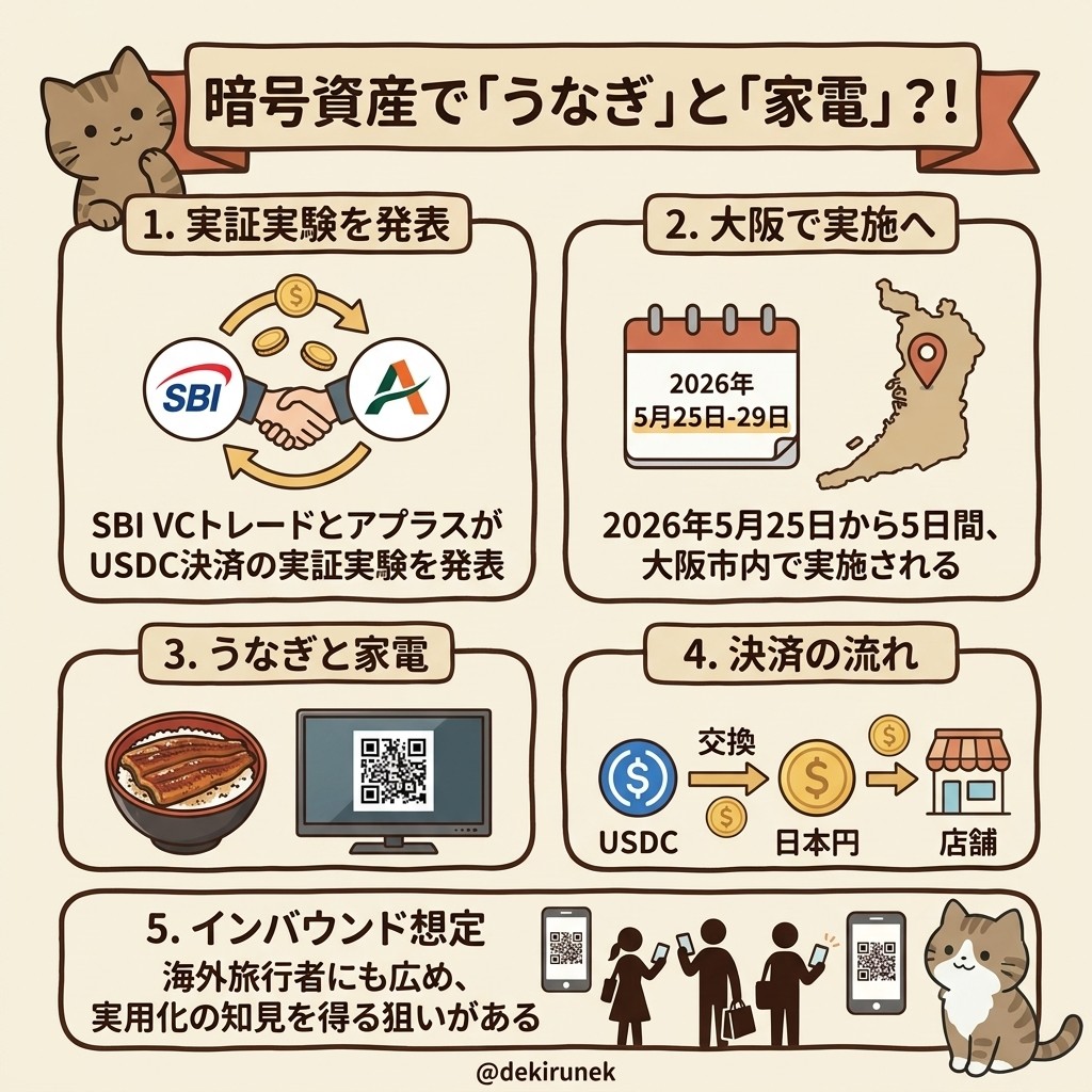 【え、暗号資産で「うなぎ」や「家電」が買えるの！？】
私たちのお買い物の常識、もうすぐ変わるかも！

SBI VCトレードとアプラスが大阪でUSDC決済の実証実験を発表したよ。
5月25日から「宇奈とと」本町店や「ビックカメラ」なんば店で使えるようになるんだって。