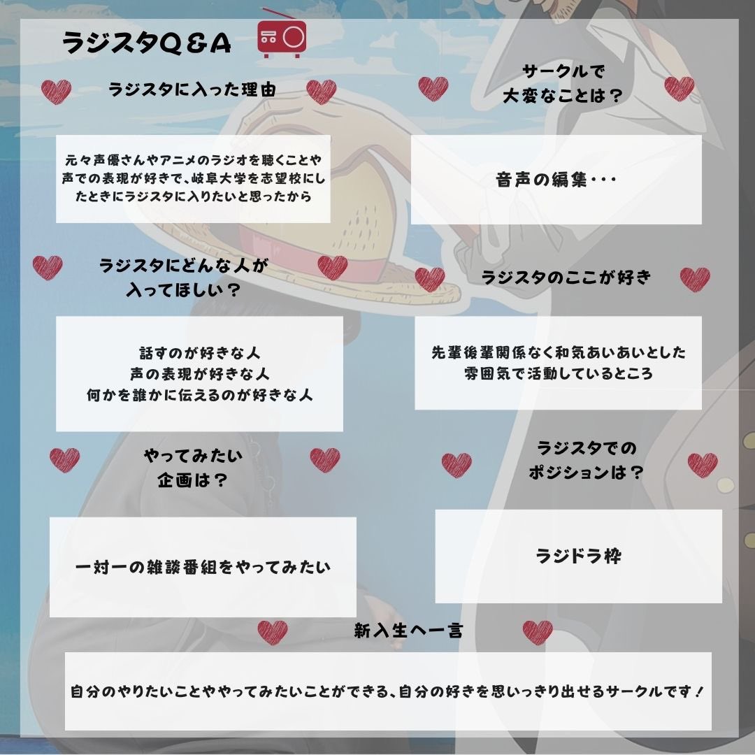 【ラジスタメンバープロフィール】
本日は2回生と5回生のプロフィールを紹介！
気になった方はDMか部室に来てみてください！

#ラジスタ 
#岐阜大学新歓情報
#新歓