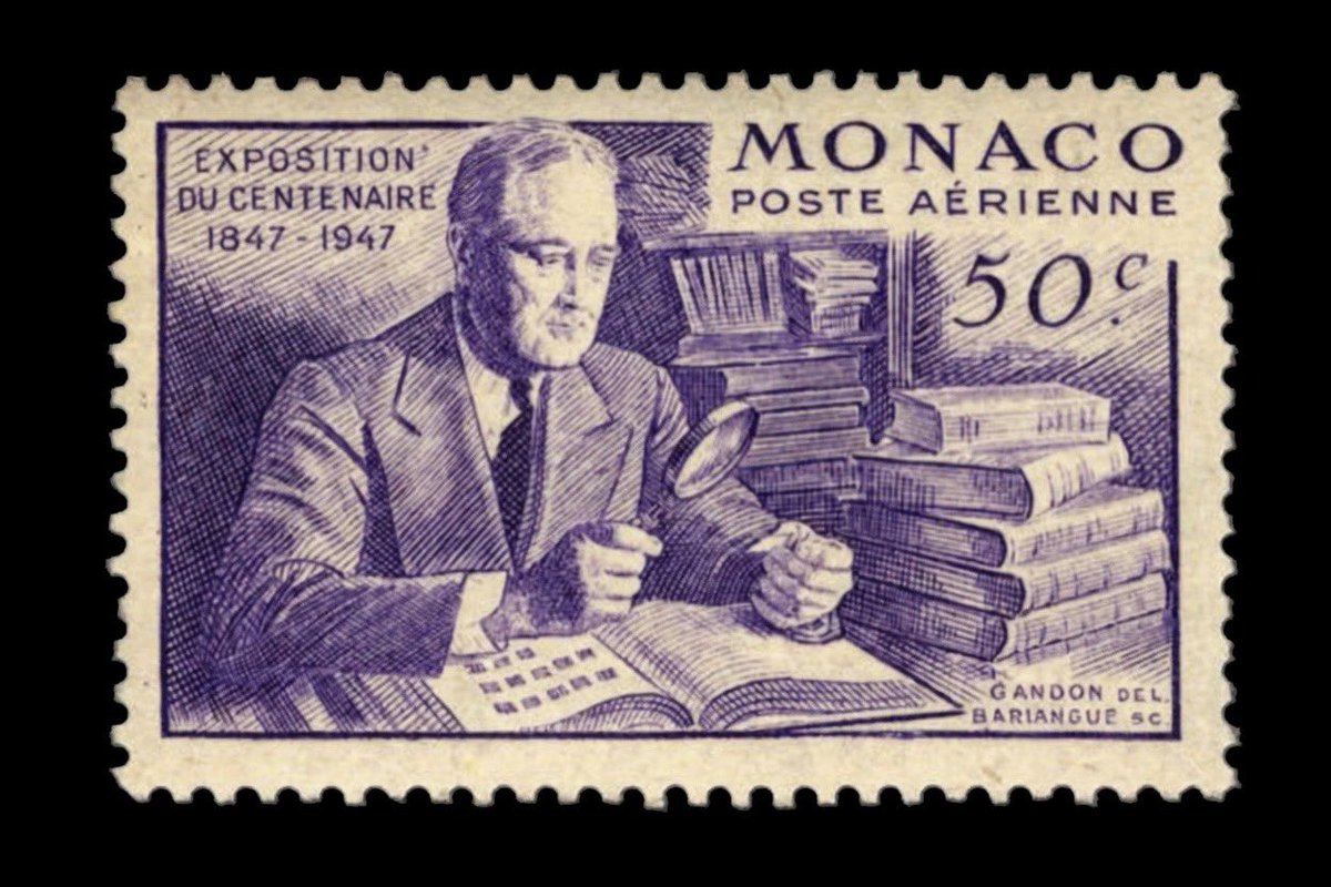 ArchivumVatican's tweet image. 1947: Monaco stamp, featuring President Roosevelt as a stamp collector, reproduced by several countries. Not AI despite the six fingers! A different era when POTUS relaxed with his stamps… #philately #stampcollecting