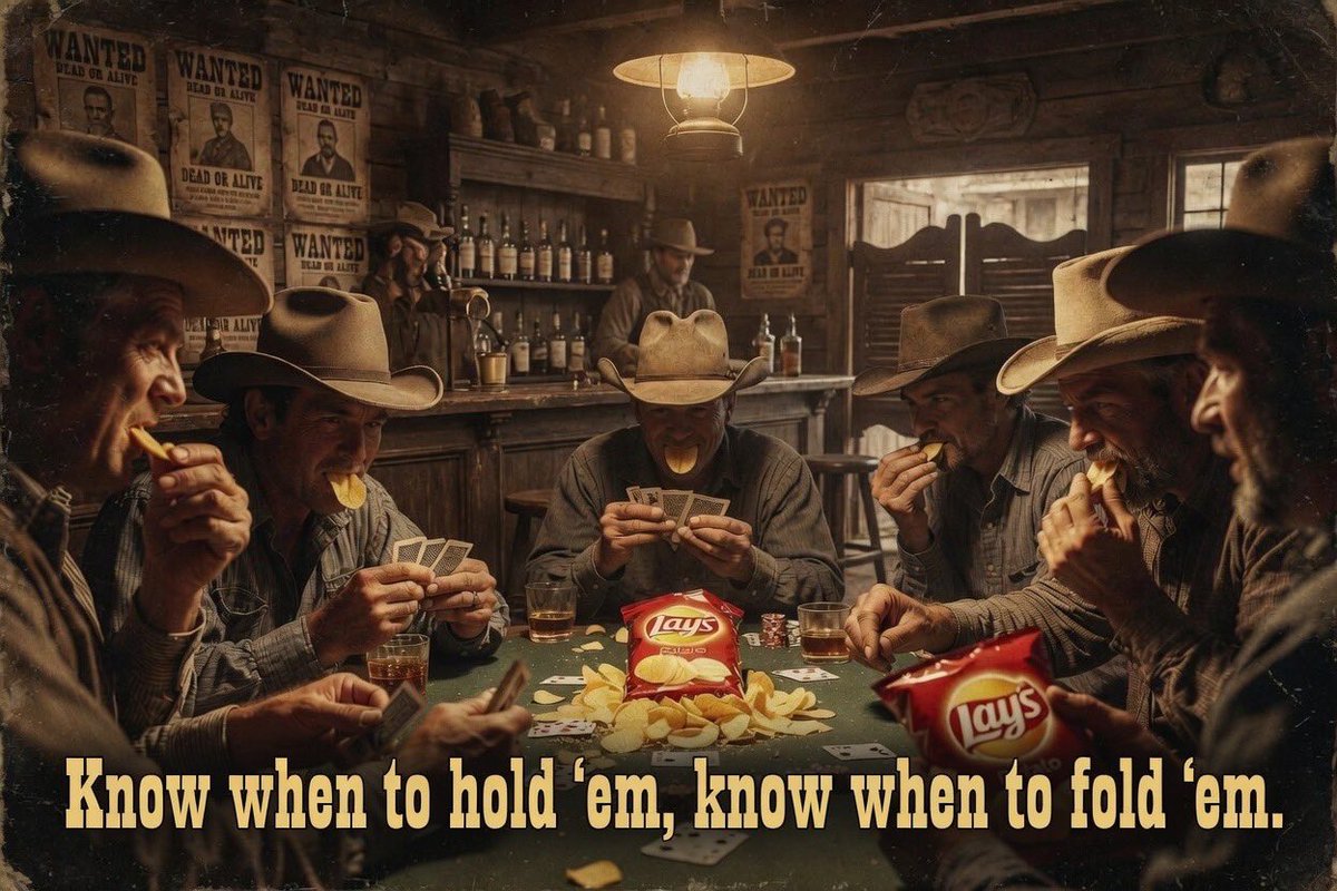 CJSlkTvr's tweet image. @LAYS y’all need to make potato chips that are just the folded kind called Fold ‘Em’s. Commercial is western themed and says, “Know when to hold ‘em, know when to fold ‘em.” #chips #potatochips #lays